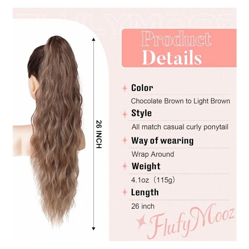 Wrap-Around Wavy Ponytail Extension 26” – Medium Brown with Highlights NEW